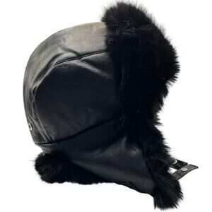 Black Faux Fur Faux Leather Trapper Ear Cover Winter Snow Outdoors Ski Hat 2Way